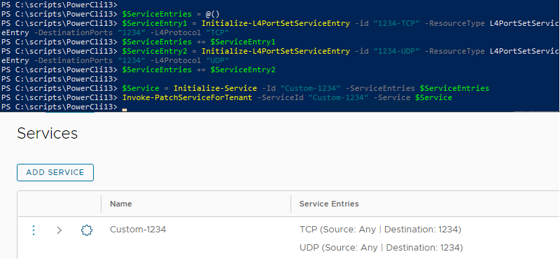 Creating a simple NSX service with two service entries using PowerCLI