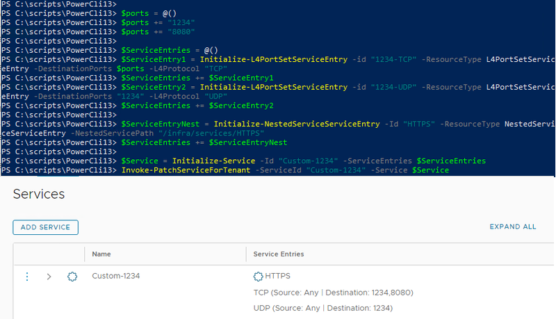 Creating a NSX service with multiple ports and a nested service using PowerCLI
