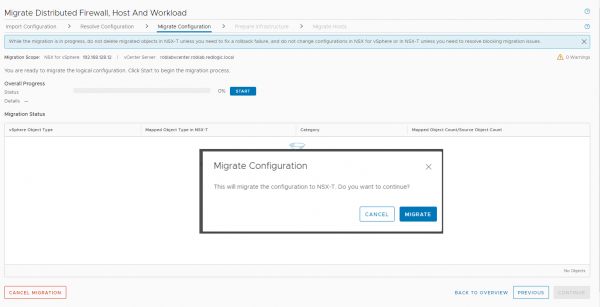Starting the distributed firewall configuration migration to NSX-T