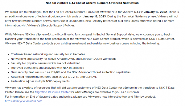 NSX-V End of General Support