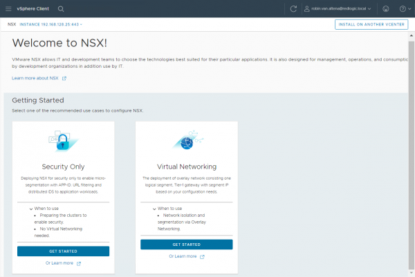 Getting started screen in the NSX-T vCenter plugin
