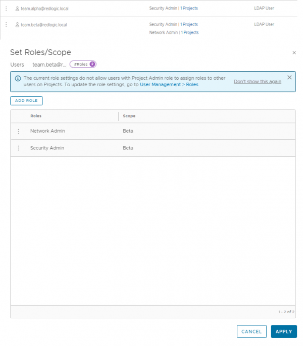 Granting a user or group access to an NSX Project