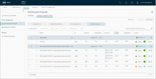 Access to NSX Security within NSX Project for Team Alpha