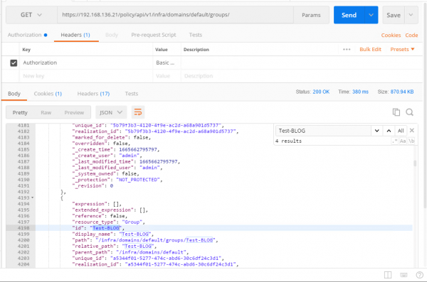 Postman API results for searching Test-BLOG group
