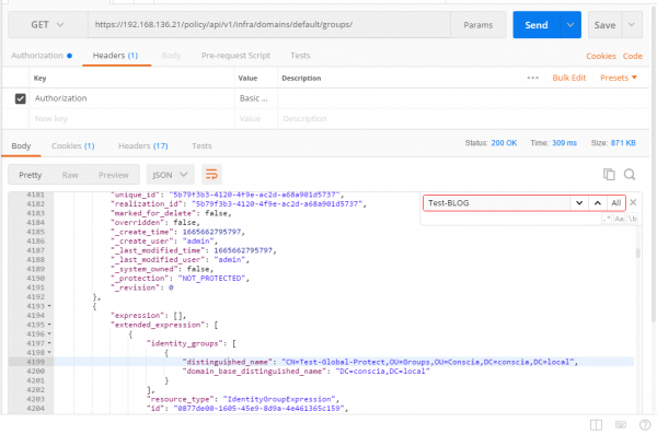 Postman API results for searching Test-BLOG group with underscore