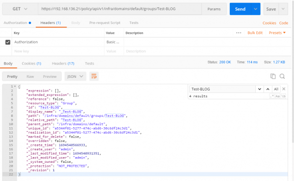 Postman API results for searching directly for Test-BLOG group